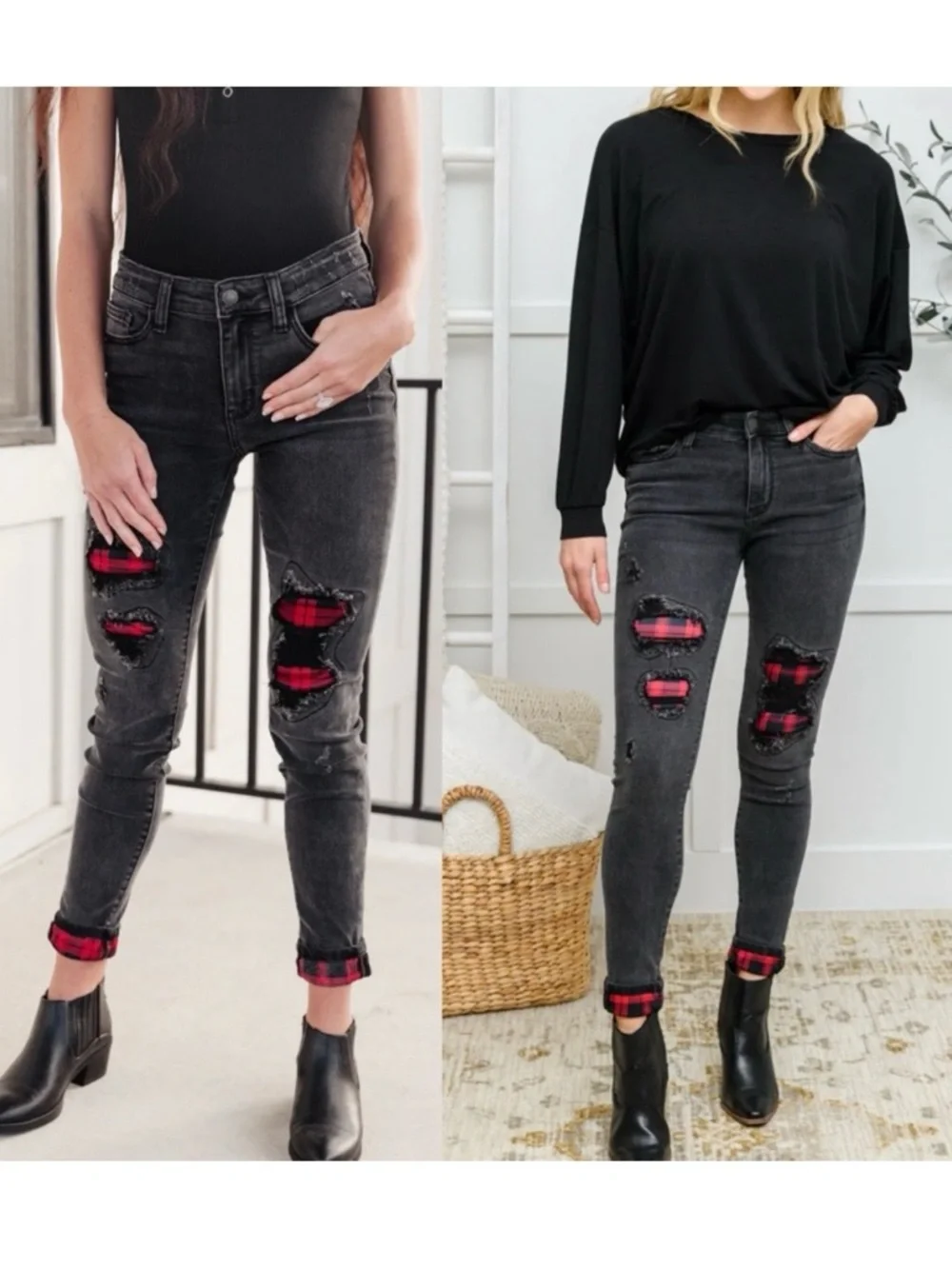 Judy Blue Buffalo Plaid Peek-A-Boo High Rise Skinny Jeans Charcoal Grey Black